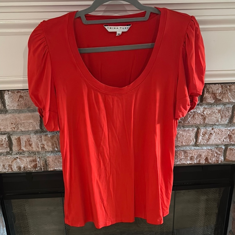 Trina Turk Orange Blouse with Puff Sleeves and Relaxed Style sz M - Picture 3 of 9